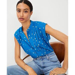 NEW Ann Taylor Womens Large Blue Polka Dot Sleeveless Dotted Shirred Button Top